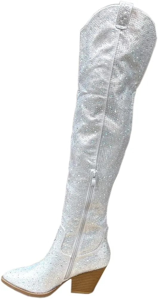 ABSOLEX Women Western Cowgirl Cowboy Pointed Toe Rhinestone Mid-Calf Over the Knee Boots