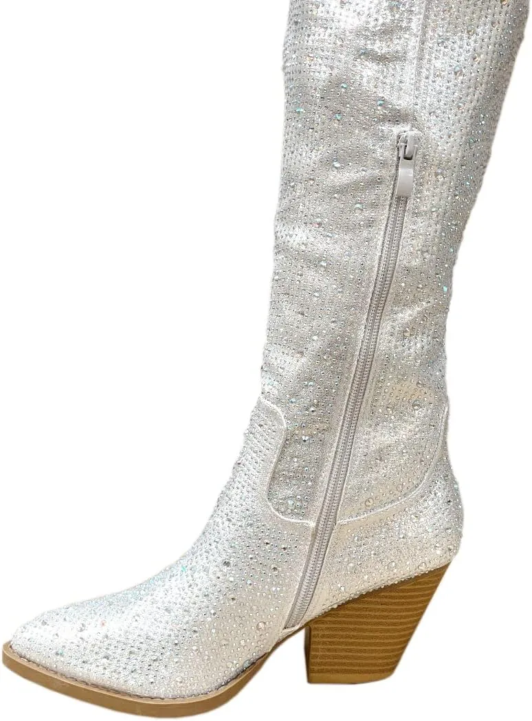 ABSOLEX Women Western Cowgirl Cowboy Pointed Toe Rhinestone Mid-Calf Over the Knee Boots