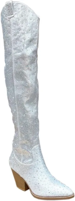 ABSOLEX Women Western Cowgirl Cowboy Pointed Toe Rhinestone Mid-Calf Over the Knee Boots
