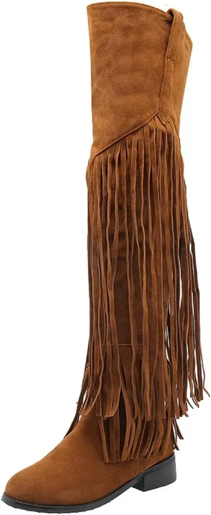 Agodor Women's Low Heel Thigh High Wide Calf Boots with Fringe Zip up Over The Knee Boots