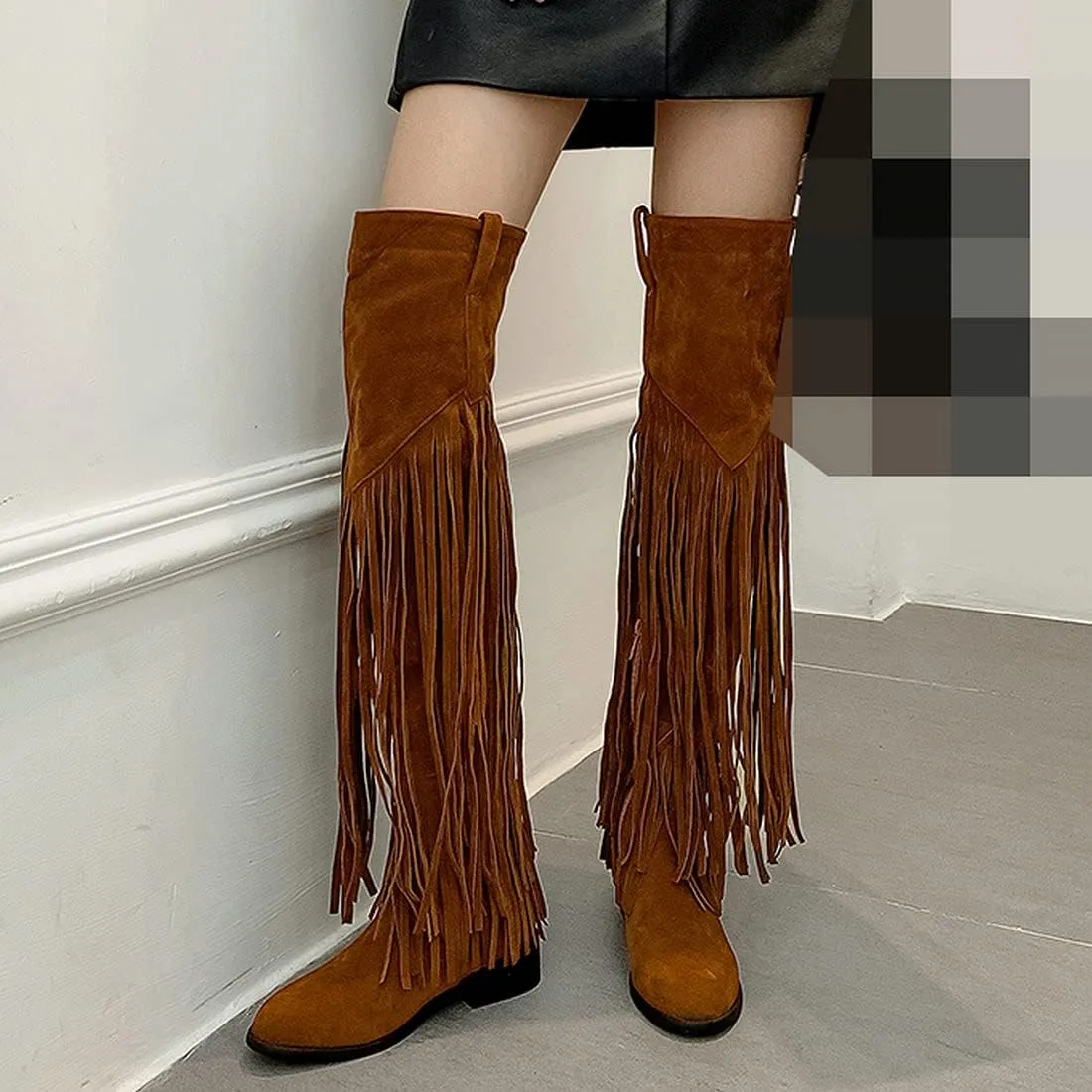 Agodor Women's Low Heel Thigh High Wide Calf Boots with Fringe Zip up Over The Knee Boots