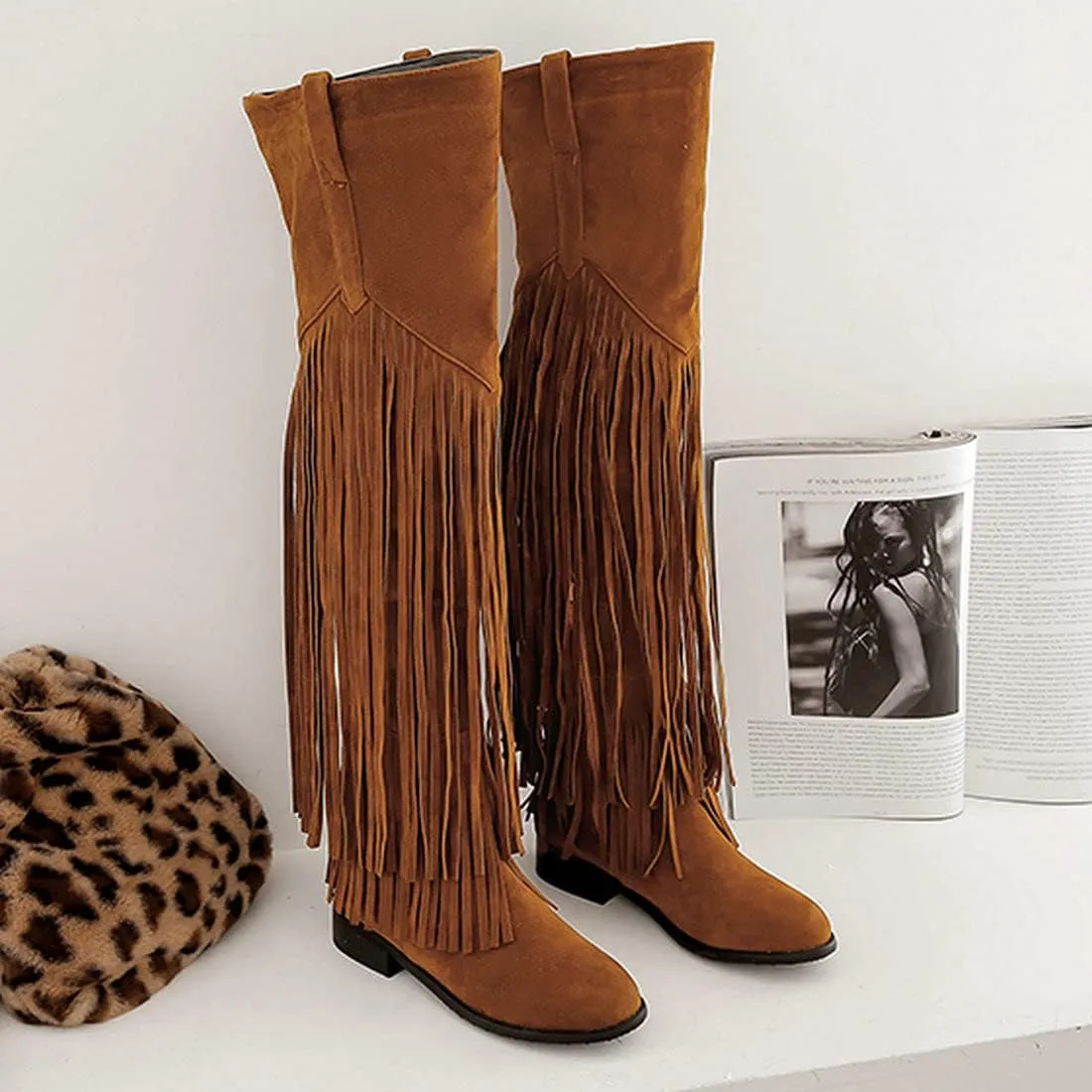 Agodor Women's Low Heel Thigh High Wide Calf Boots with Fringe Zip up Over The Knee Boots