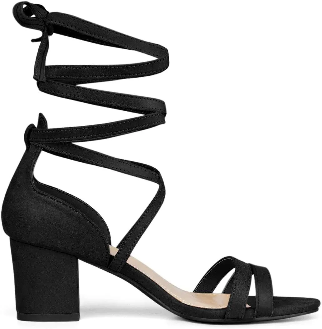 Allegra K Women's Open Toe Color Block Heel Lace Up Sandals