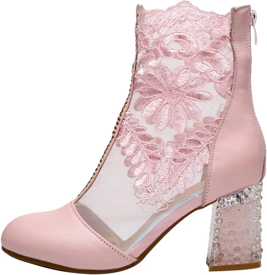 ANUFER Women Breathable Lace Peep Toe/Closed Toe Block Kitten Heel Summer Sandal Booties Dress Pumps Shoes