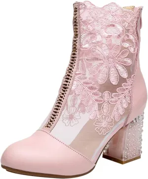 ANUFER Women Breathable Lace Peep Toe/Closed Toe Block Kitten Heel Summer Sandal Booties Dress Pumps Shoes