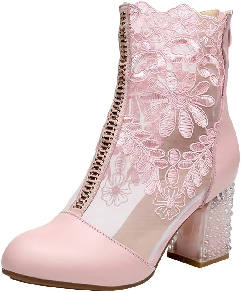 ANUFER Women Breathable Lace Peep Toe/Closed Toe Block Kitten Heel Summer Sandal Booties Dress Pumps Shoes
