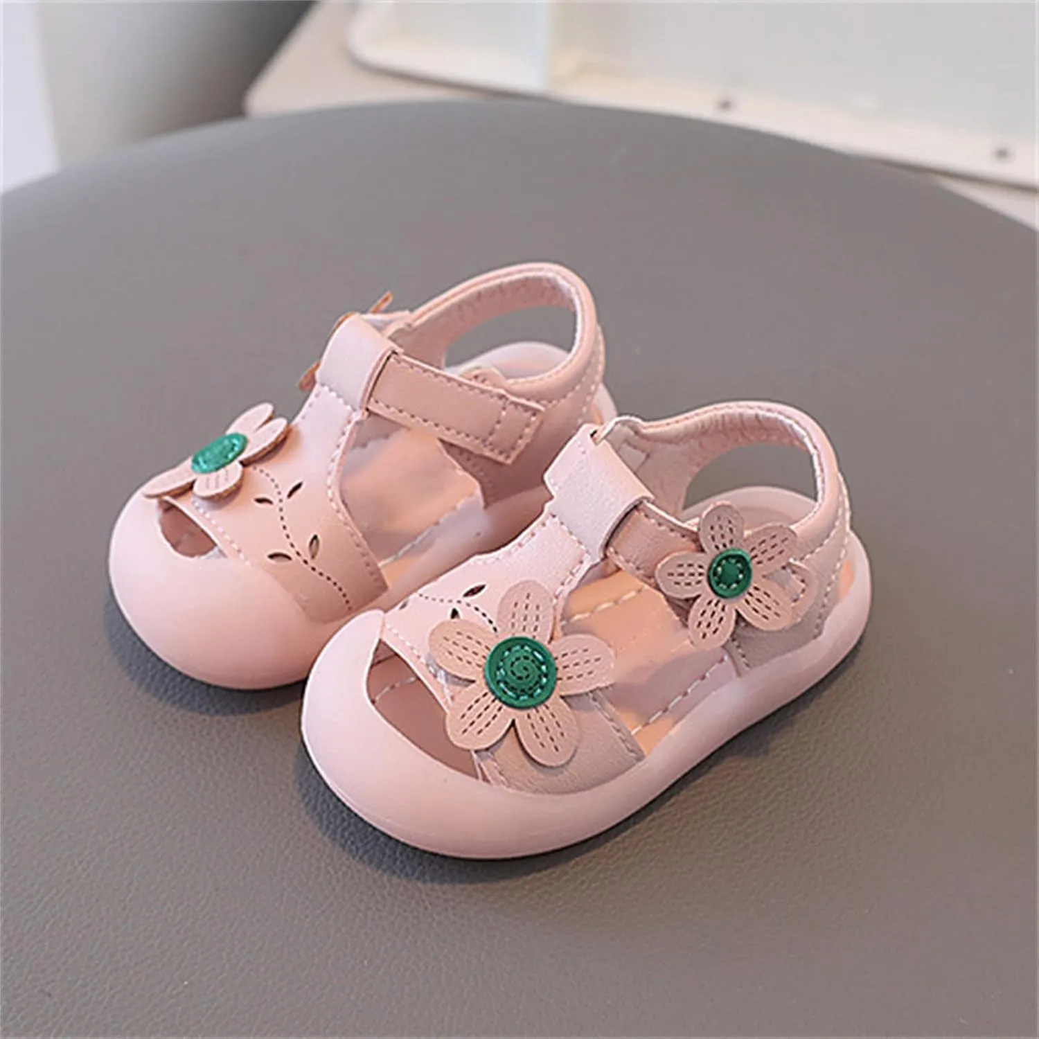 Baby Girls Cute Flowers Sandals Closed Toe Toddler Walking Shoes Strap Soft Rubber Sole Non Slip Summer Outdoor