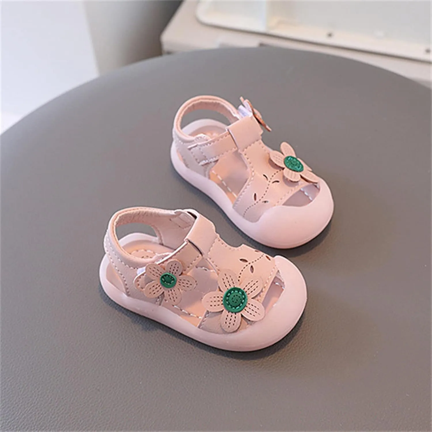 Baby Girls Cute Flowers Sandals Closed Toe Toddler Walking Shoes Strap Soft Rubber Sole Non Slip Summer Outdoor
