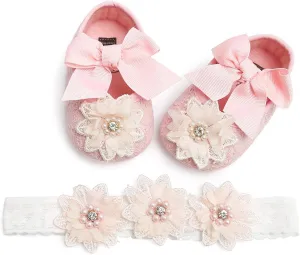 Baby Girls Mary Jane Flats with Bowknot Flowers Princess Wedding Dress Ballet Shoes Non-Slip Toddler First Walkers Newborn Crib Shoes
