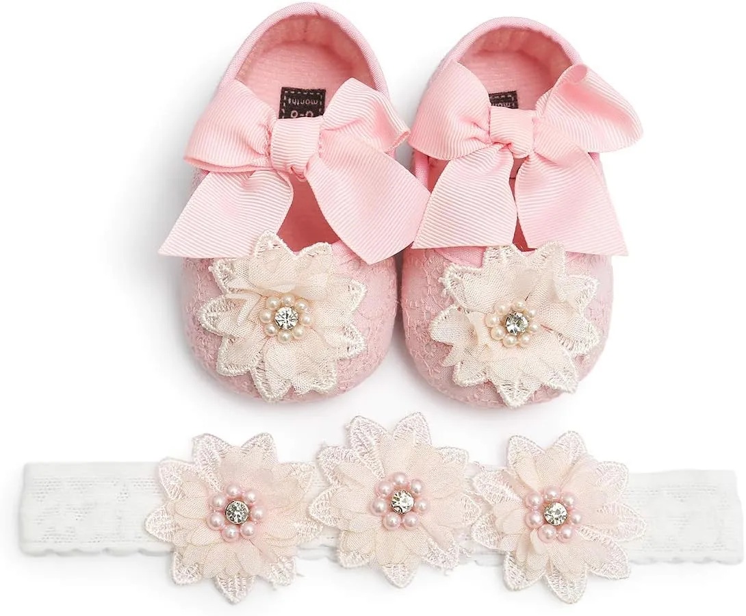 Baby Girls Mary Jane Flats with Bowknot Flowers Princess Wedding Dress Ballet Shoes Non-Slip Toddler First Walkers Newborn Crib Shoes