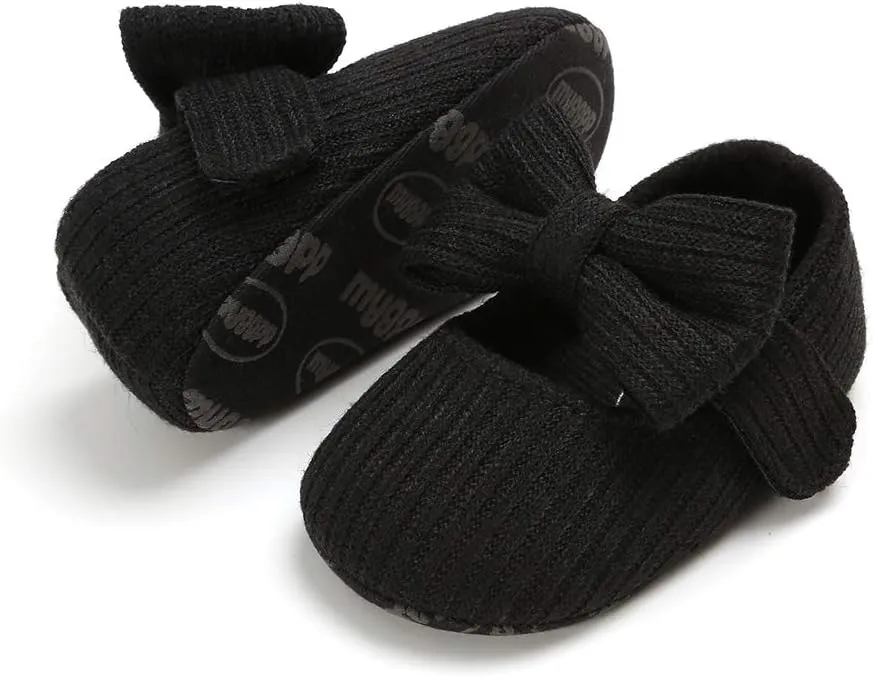 Baby Girls Mary Jane Flats with Bowknot Flowers Princess Wedding Dress Ballet Shoes Non-Slip Toddler First Walkers Newborn Crib Shoes