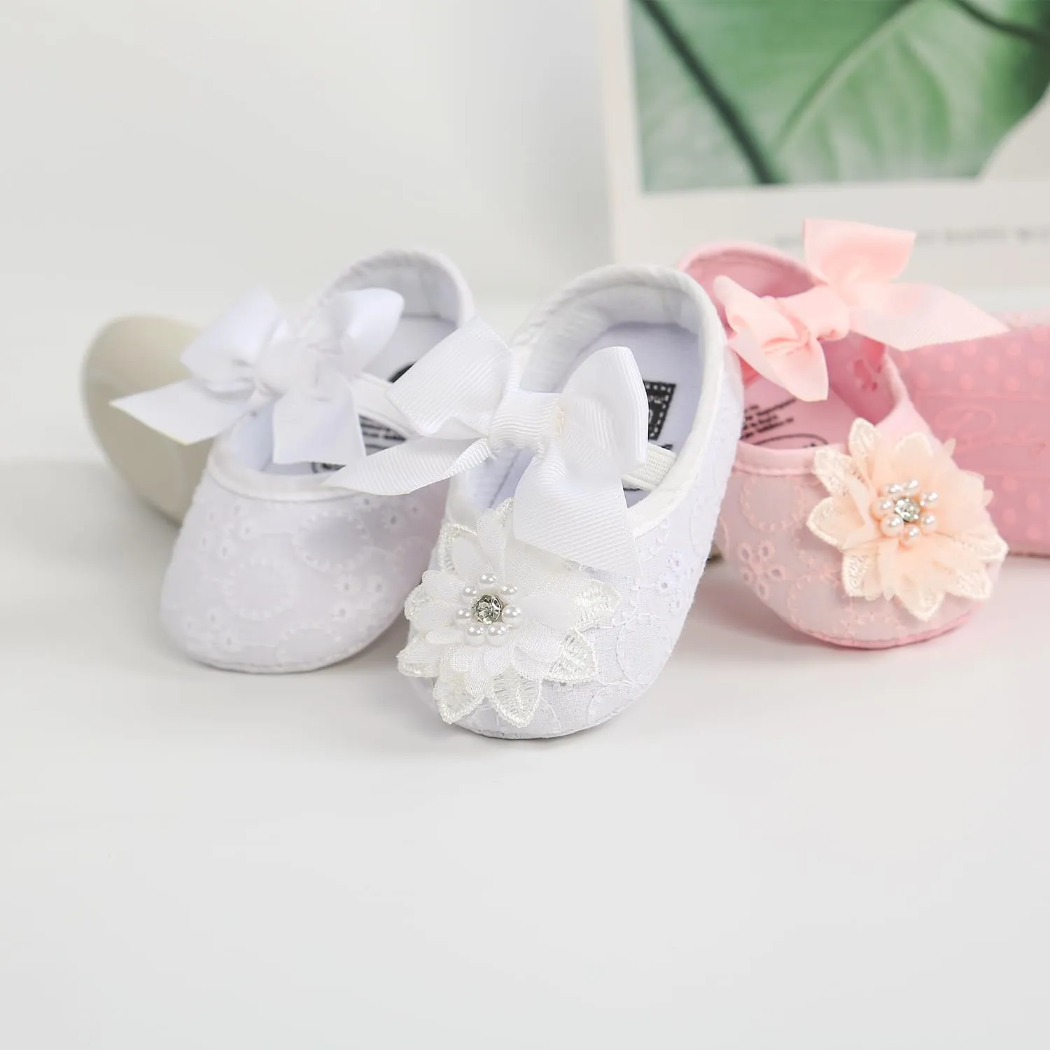 Baby Girls Mary Jane Flats with Bowknot Flowers Princess Wedding Dress Ballet Shoes Non-Slip Toddler First Walkers Newborn Crib Shoes