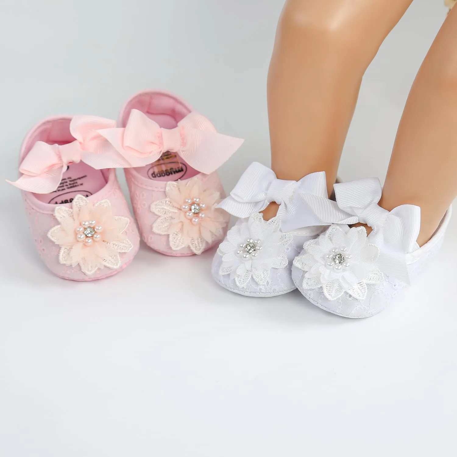 Baby Girls Mary Jane Flats with Bowknot Flowers Princess Wedding Dress Ballet Shoes Non-Slip Toddler First Walkers Newborn Crib Shoes