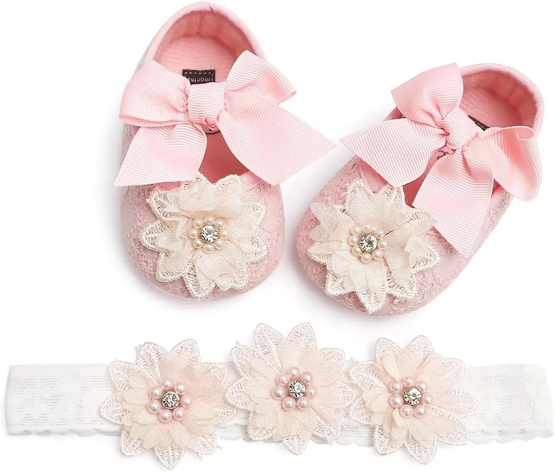 Baby Girls Mary Jane Flats with Bowknot Flowers Princess Wedding Dress Ballet Shoes Non-Slip Toddler First Walkers Newborn Crib Shoes