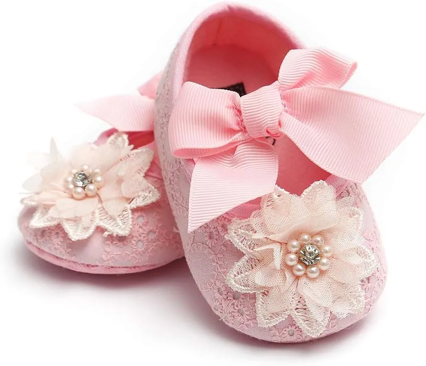 Baby Girls Mary Jane Flats with Bowknot Flowers Princess Wedding Dress Ballet Shoes Non-Slip Toddler First Walkers Newborn Crib Shoes