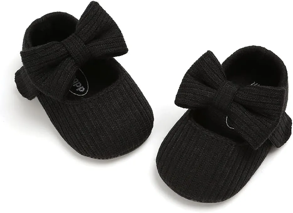 Baby Girls Mary Jane Flats with Bowknot Flowers Princess Wedding Dress Ballet Shoes Non-Slip Toddler First Walkers Newborn Crib Shoes