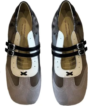 Ballet Sneakers for Woman Leather Buckle Color Block Wide Box Square Toe Trendy Ballerina Flats Fancy Retro Ballet Shoes 2025 Spring Summer Comfortable Soft Casual Daily Walking Footwear