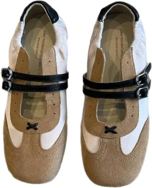 Ballet Sneakers for Woman Leather Buckle Color Block Wide Box Square Toe Trendy Ballerina Flats Fancy Retro Ballet Shoes 2025 Spring Summer Comfortable Soft Casual Daily Walking Footwear