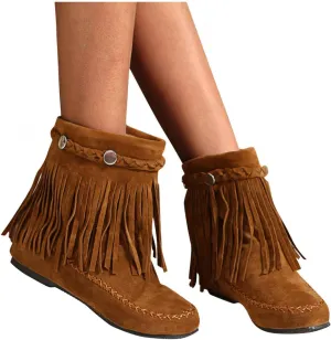 Bcshyie Tassel Ankle Boots for Women Round Toe Flat Heel Suede Fringed Snow Boots Warm Winter Boots Party Booties