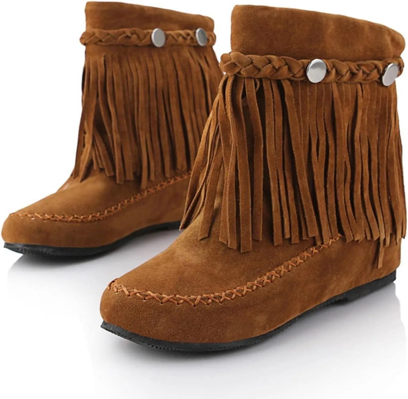 Bcshyie Tassel Ankle Boots for Women Round Toe Flat Heel Suede Fringed Snow Boots Warm Winter Boots Party Booties