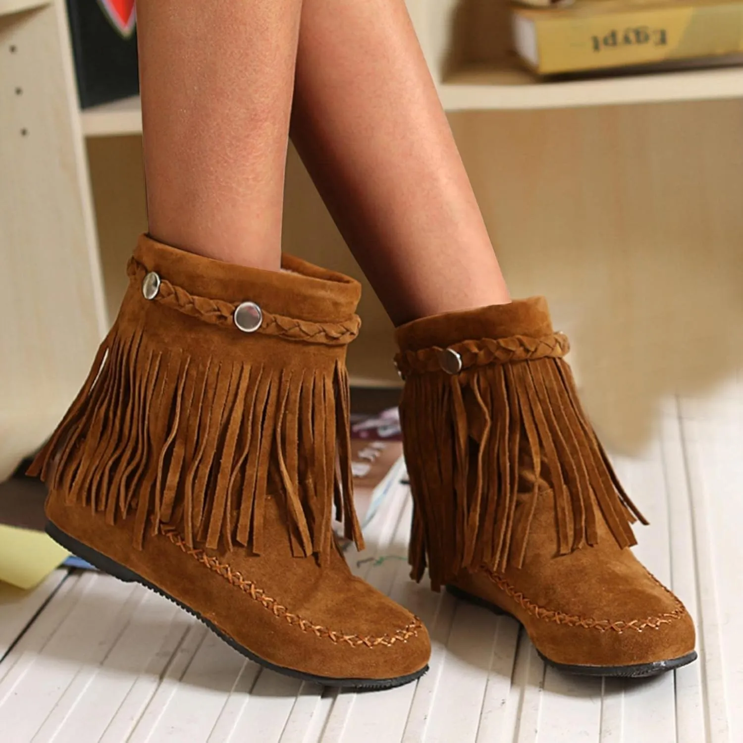 Bcshyie Tassel Ankle Boots for Women Round Toe Flat Heel Suede Fringed Snow Boots Warm Winter Boots Party Booties