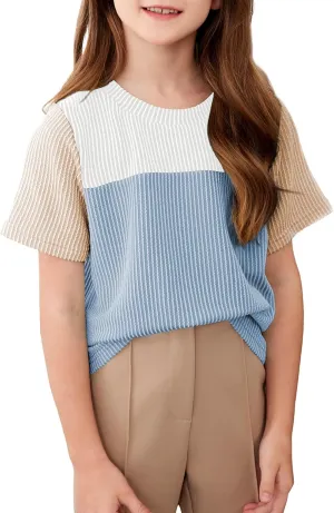 blibean Tween Girls Summer Short Sleeve Shirts Kid Color Block Tops Size 6-15 Years