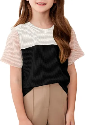 blibean Tween Girls Summer Short Sleeve Shirts Kid Color Block Tops Size 6-15 Years