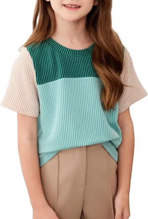 blibean Tween Girls Summer Short Sleeve Shirts Kid Color Block Tops Size 6-15 Years