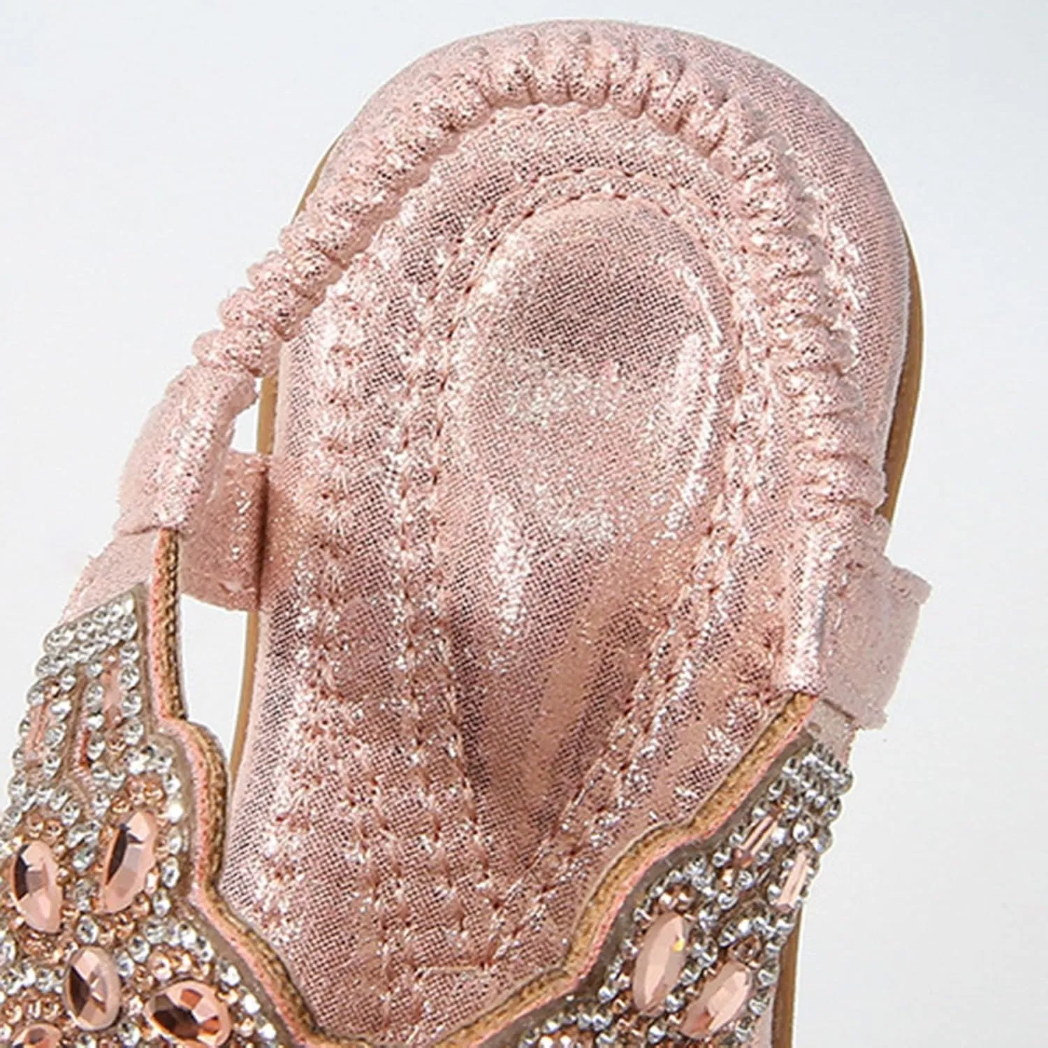 Bohemian Crystal Flats Girls Low Wedge Rhinestone Sandals Open Toe Ankle Elastic T-Strap Flip Flops for Wedding