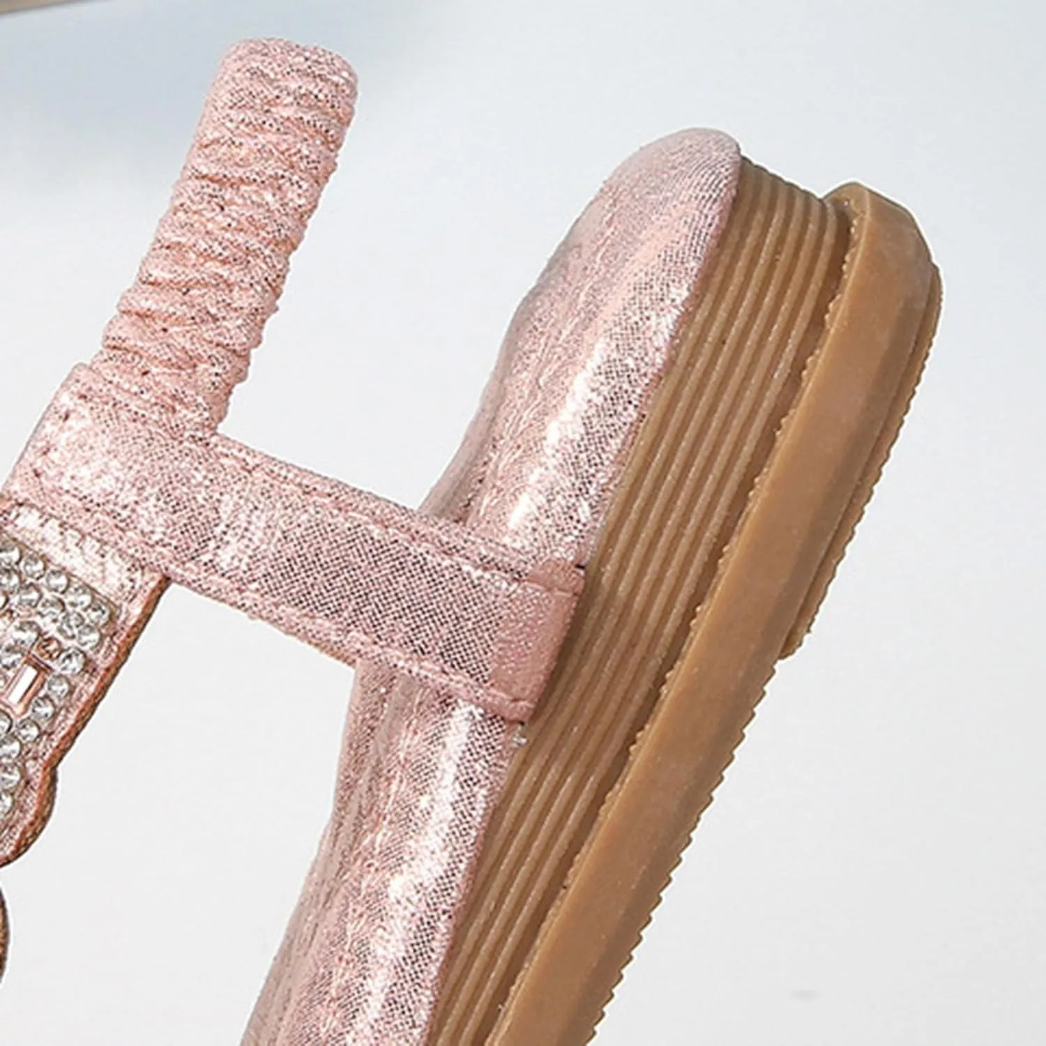Bohemian Crystal Flats Girls Low Wedge Rhinestone Sandals Open Toe Ankle Elastic T-Strap Flip Flops for Wedding