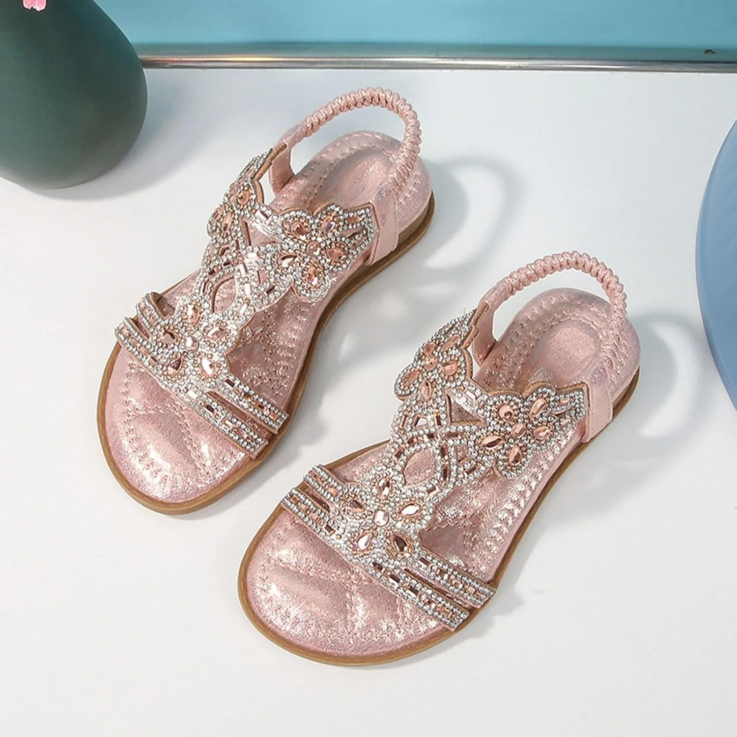 Bohemian Crystal Flats Girls Low Wedge Rhinestone Sandals Open Toe Ankle Elastic T-Strap Flip Flops for Wedding