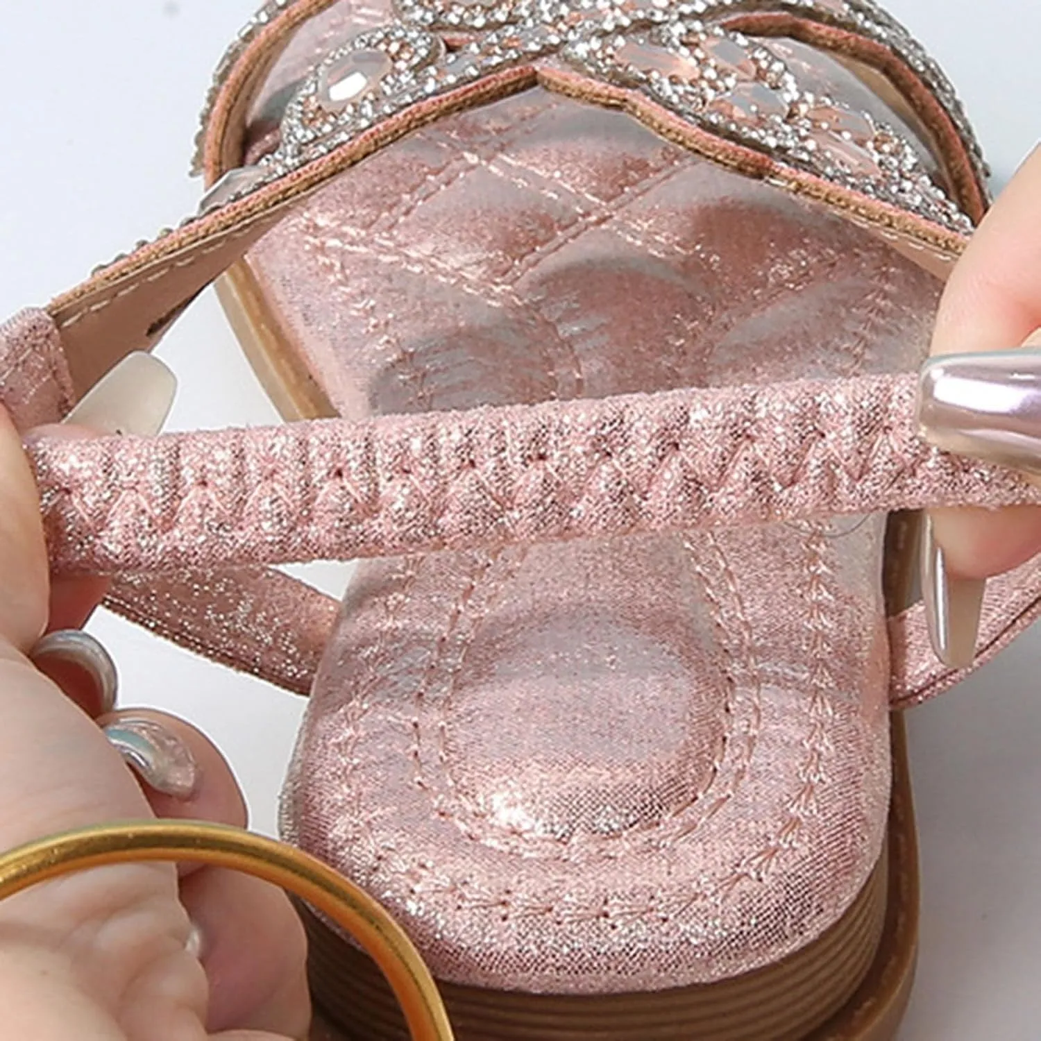 Bohemian Crystal Flats Girls Low Wedge Rhinestone Sandals Open Toe Ankle Elastic T-Strap Flip Flops for Wedding
