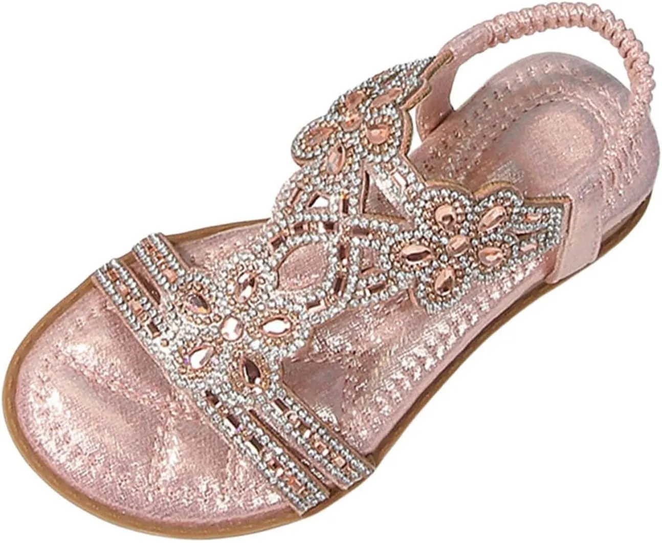 Bohemian Crystal Flats Girls Low Wedge Rhinestone Sandals Open Toe Ankle Elastic T-Strap Flip Flops for Wedding