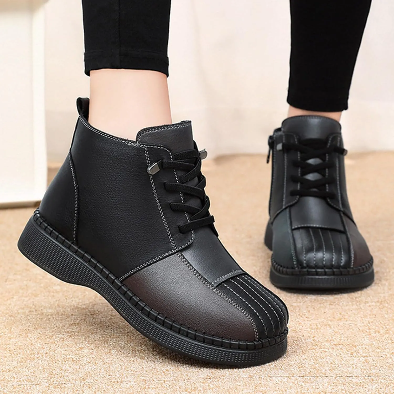Boots for Women Color Block Round Toe Platform Leather Ankle Boots Lace up Zipper Winter Trendy Warm Snow Boots