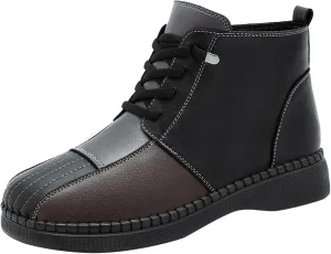 Boots for Women Color Block Round Toe Platform Leather Ankle Boots Lace up Zipper Winter Trendy Warm Snow Boots