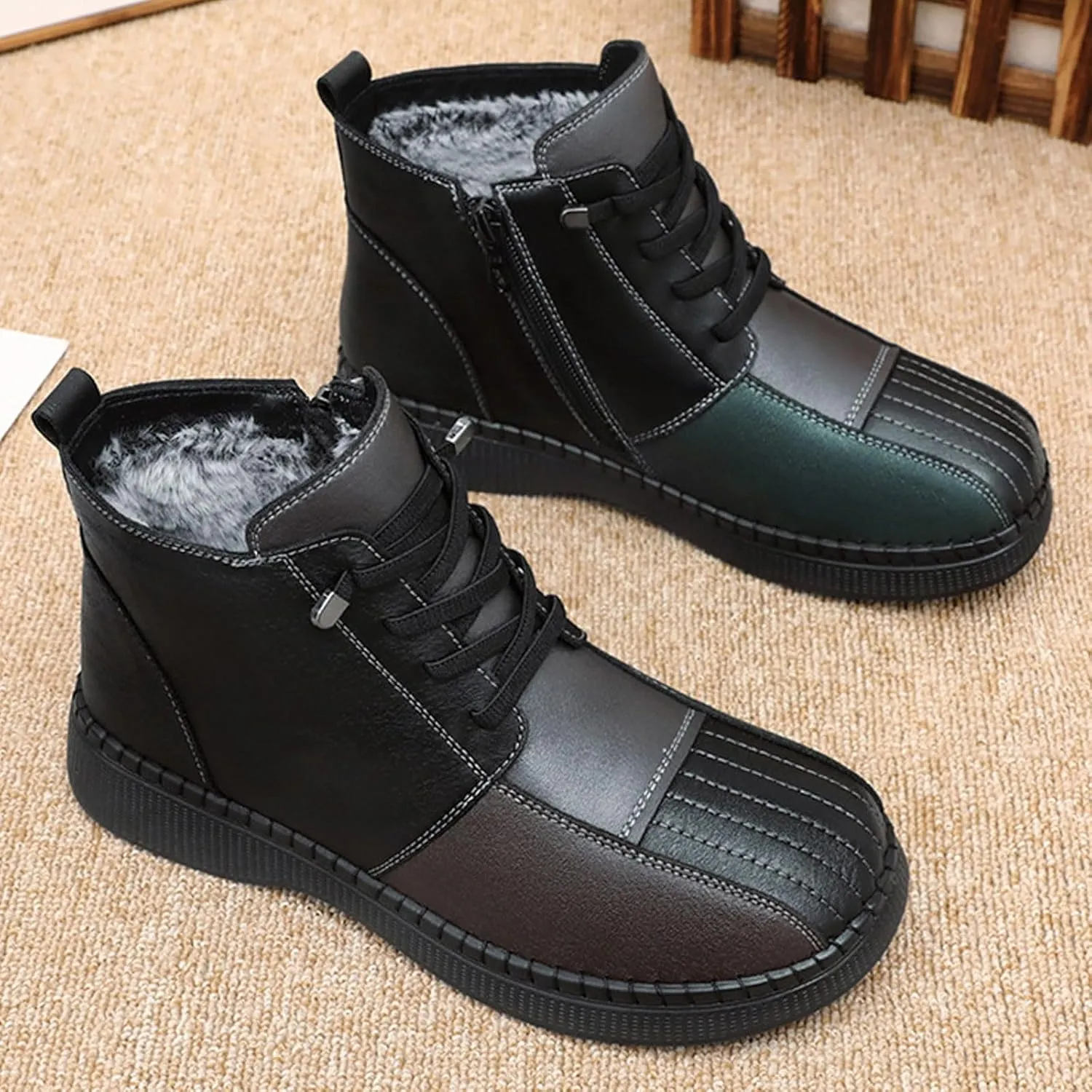 Boots for Women Color Block Round Toe Platform Leather Ankle Boots Lace up Zipper Winter Trendy Warm Snow Boots