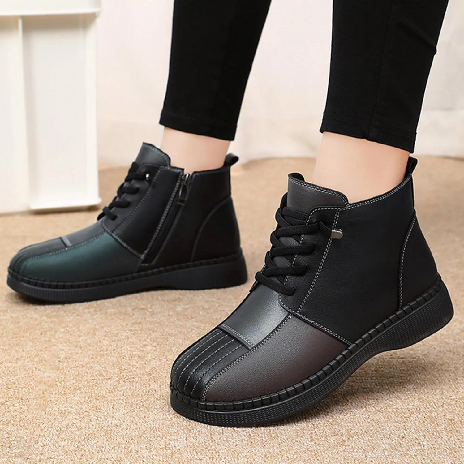 Boots for Women Color Block Round Toe Platform Leather Ankle Boots Lace up Zipper Winter Trendy Warm Snow Boots