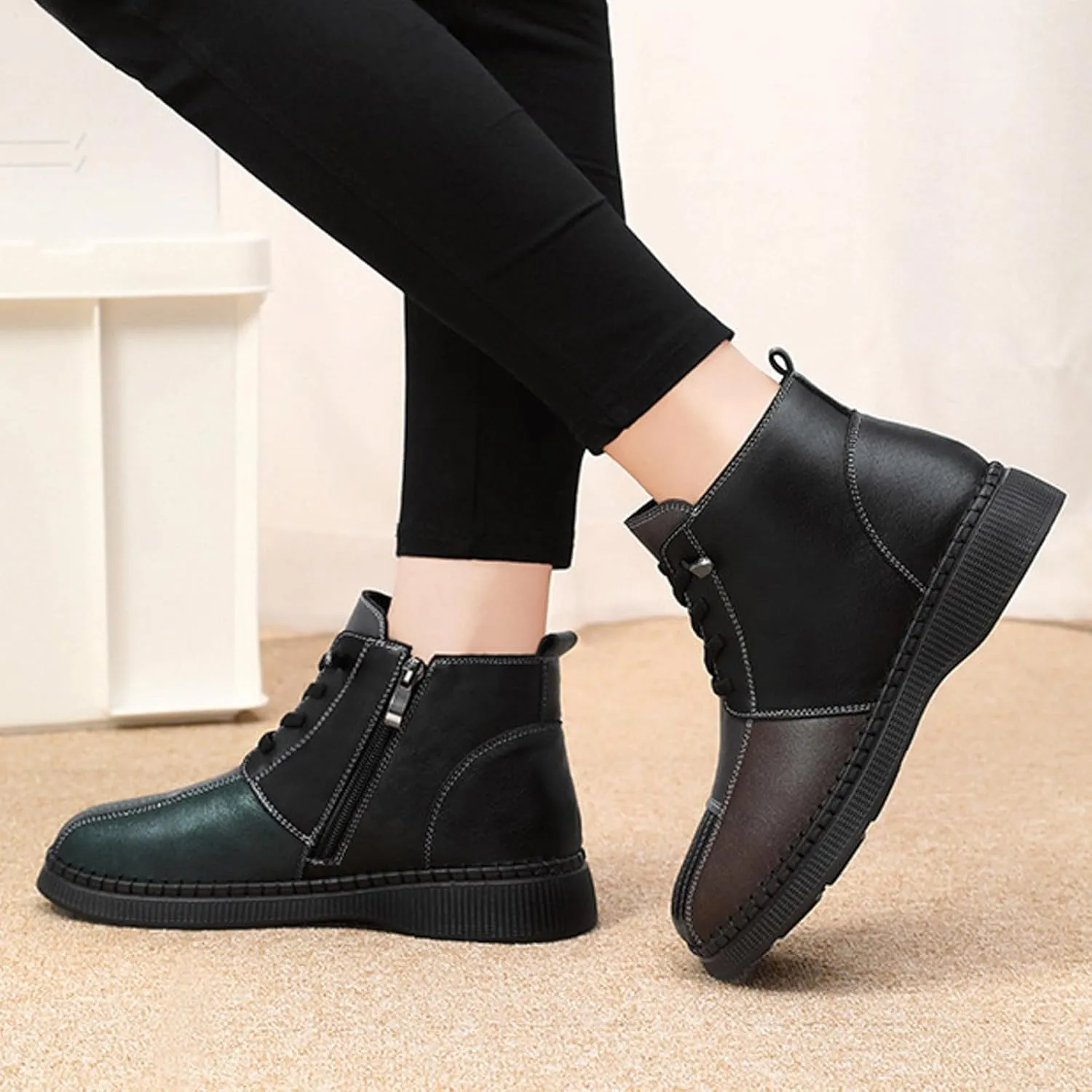 Boots for Women Color Block Round Toe Platform Leather Ankle Boots Lace up Zipper Winter Trendy Warm Snow Boots