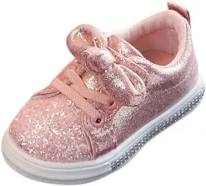 Boys Bowknot Style Running Shoes Baby Girls Sequins Bling Crystal Sport Hook&Loop Casual Shoes