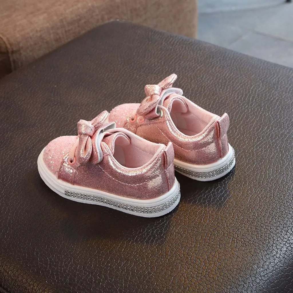 Boys Bowknot Style Running Shoes Baby Girls Sequins Bling Crystal Sport Hook&Loop Casual Shoes