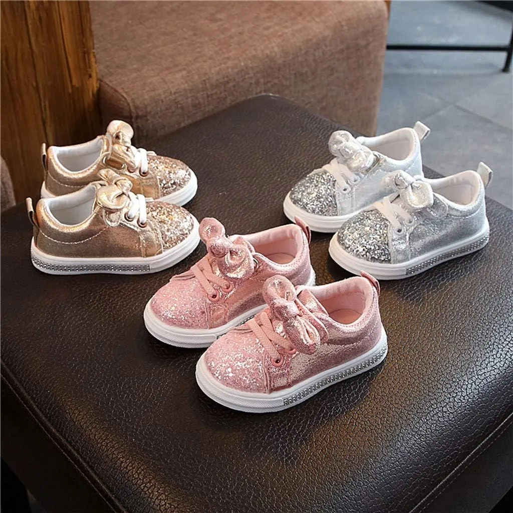 Boys Bowknot Style Running Shoes Baby Girls Sequins Bling Crystal Sport Hook&Loop Casual Shoes