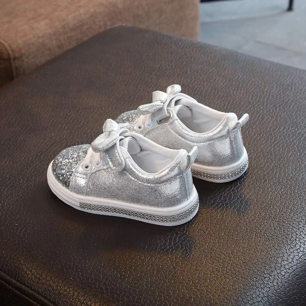 Boys Bowknot Style Running Shoes Baby Girls Sequins Bling Crystal Sport Hook&Loop Casual Shoes
