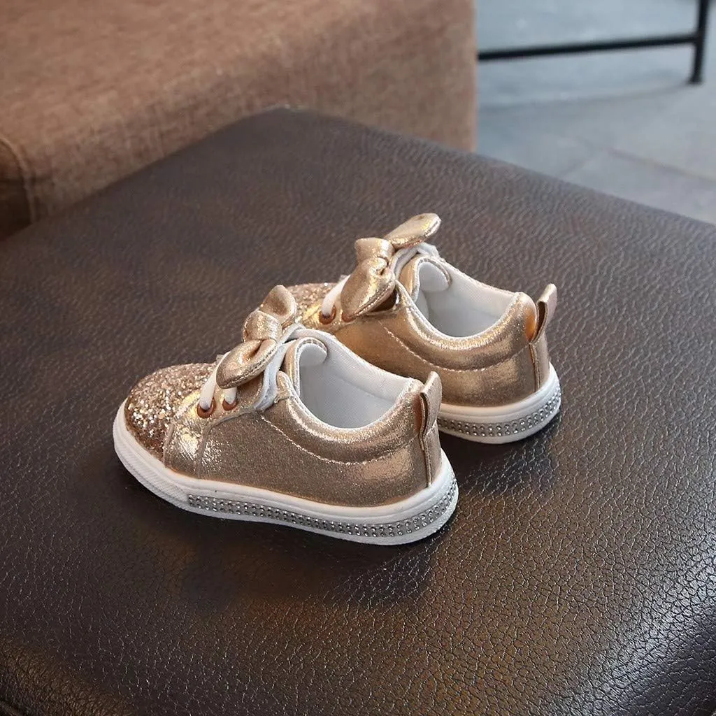 Boys Bowknot Style Running Shoes Baby Girls Sequins Bling Crystal Sport Hook&Loop Casual Shoes