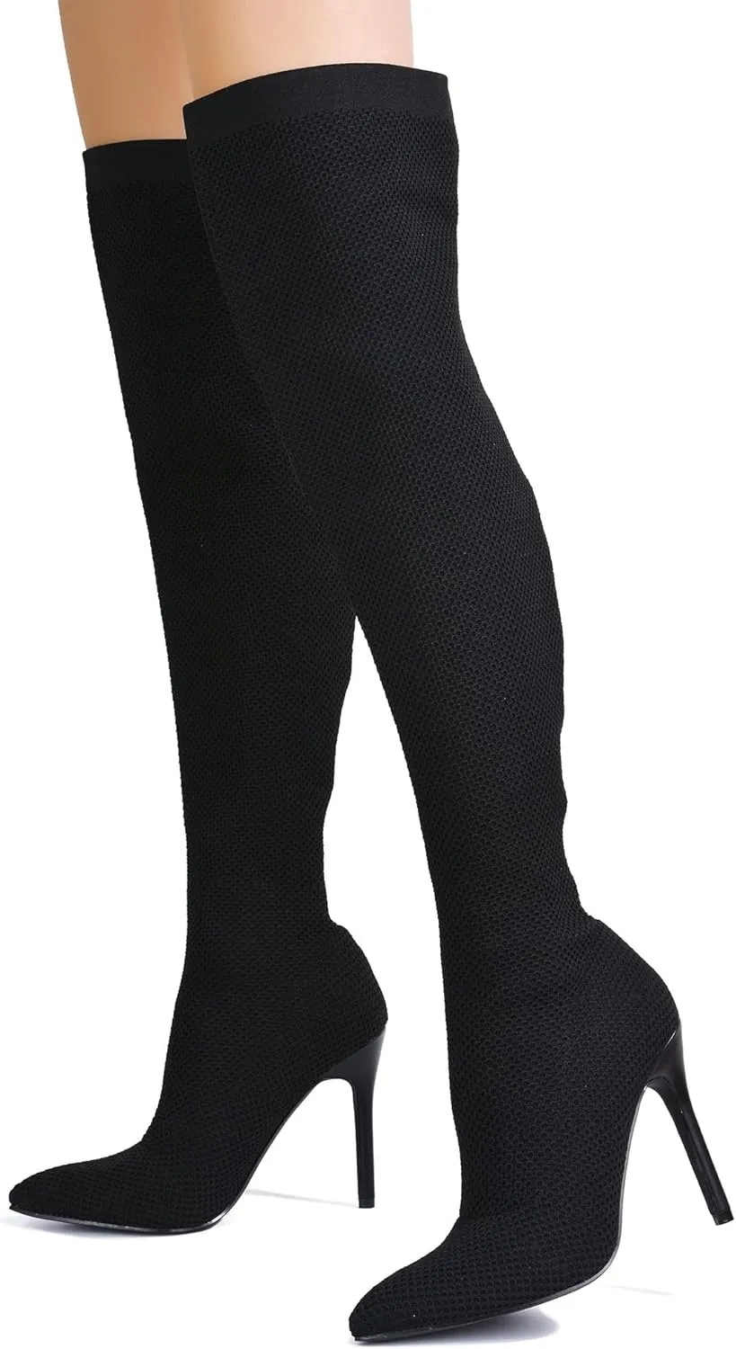 Cape Robbin Geina Over The Knee Boots with Stiletto Heels, Pointed Toe Sock Boots for Women
