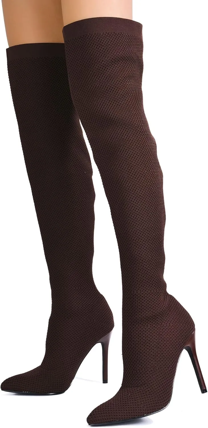 Cape Robbin Geina Over The Knee Boots with Stiletto Heels, Pointed Toe Sock Boots for Women