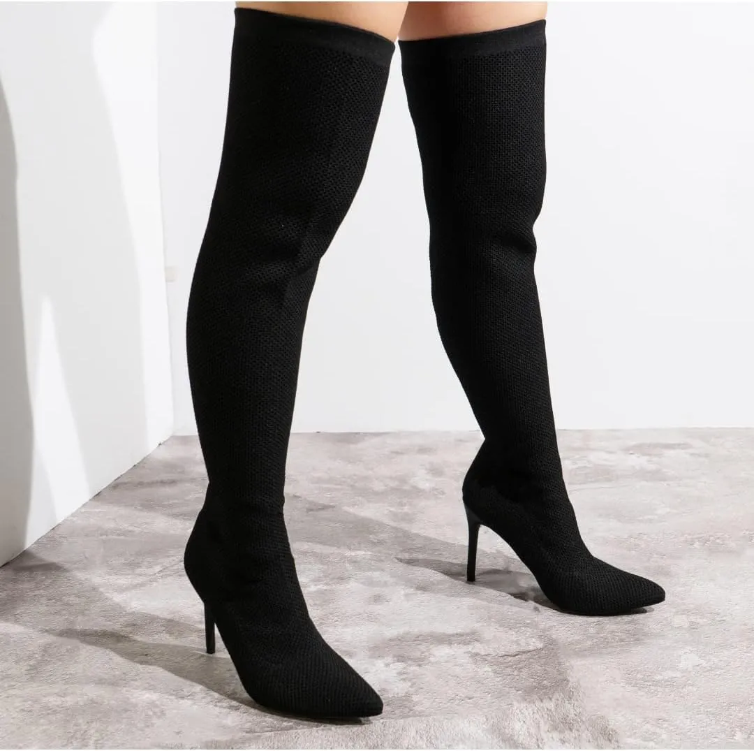Cape Robbin Geina Over The Knee Boots with Stiletto Heels, Pointed Toe Sock Boots for Women
