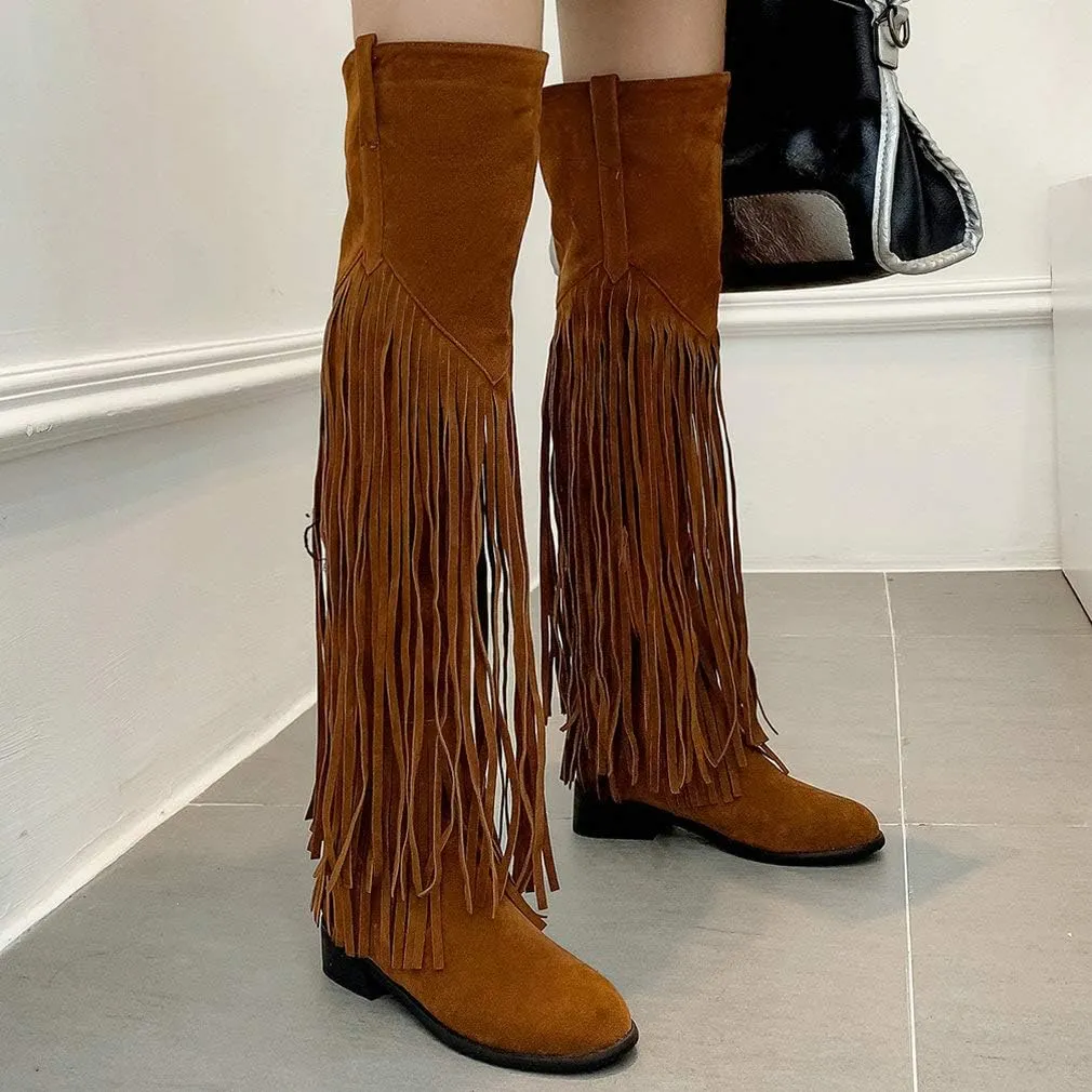 Caradise Womens Faux Suede 2 Layer Fringe Thigh High Low Heel Over The Knee Boots