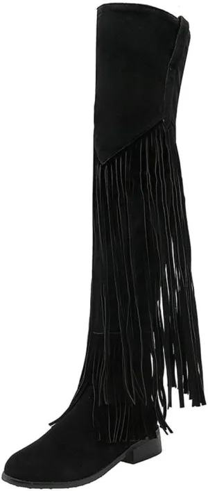 Caradise Womens Faux Suede 2 Layer Fringe Thigh High Low Heel Over The Knee Boots