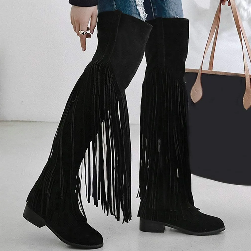 Caradise Womens Faux Suede 2 Layer Fringe Thigh High Low Heel Over The Knee Boots