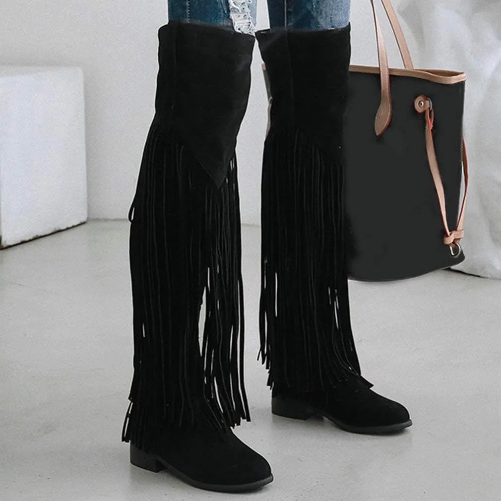 Caradise Womens Faux Suede 2 Layer Fringe Thigh High Low Heel Over The Knee Boots